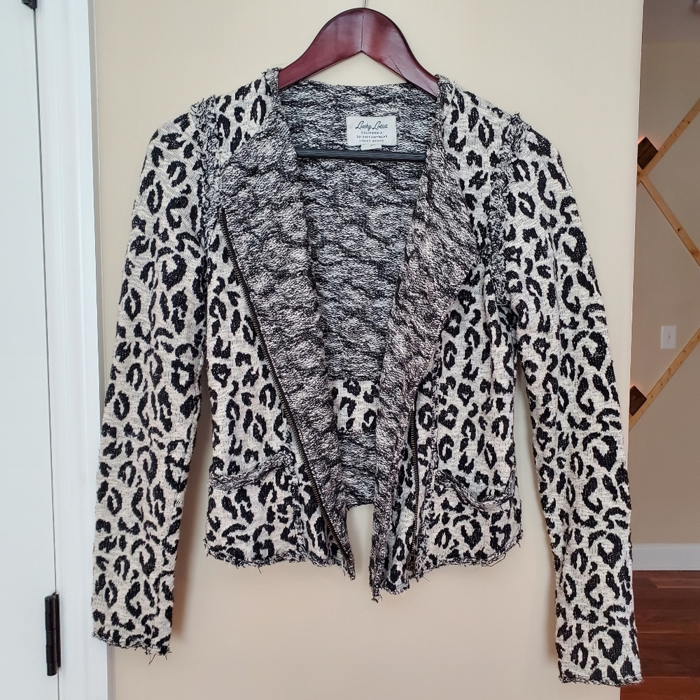 Lucky Lotus Brand Womens Knit Moto Jacket Leopard Print Knitwear Small